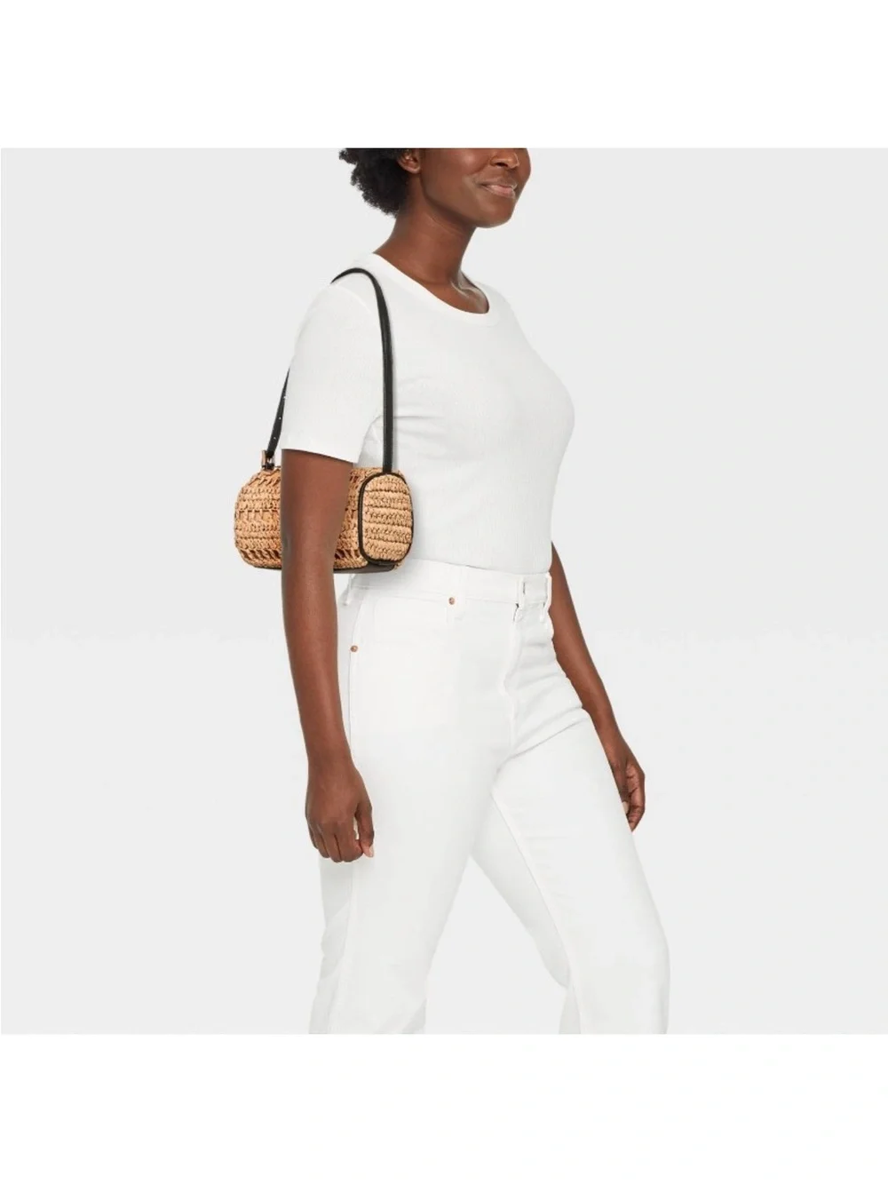 a new day Woven Straw Barrel Shoulder Bag in Tan with Black Strap